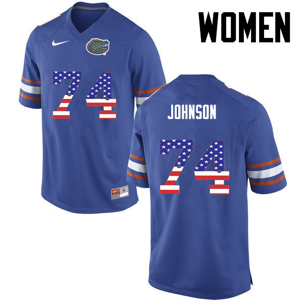 Women Florida Gators #74 Fred Johnson College Football USA Flag Fashion Jerseys-Blue - Click Image to Close